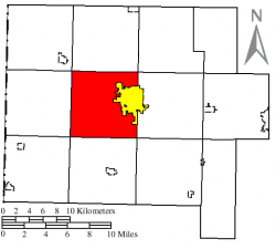 Location of Pleasant Township (red) in Van Wert County, next to the city of Van Wert (yellow)