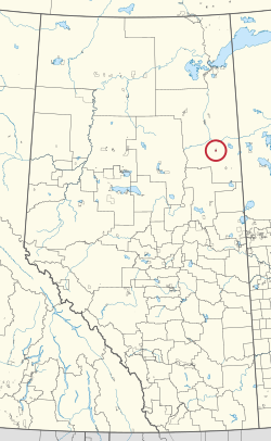 A map of the province of Alberta showing 80 counties and 145 small Indian reserves. One is highlighted with a red circle.