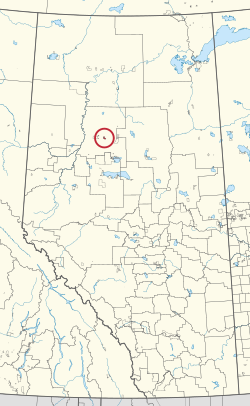A map of the province of Alberta showing 80 counties and 145 small Indian reserves. One is highlighted with a red circle.