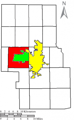 Location of Springfield Township (red) in Richland County, next to the cities of Mansfield (yellow) and Ontario (green).